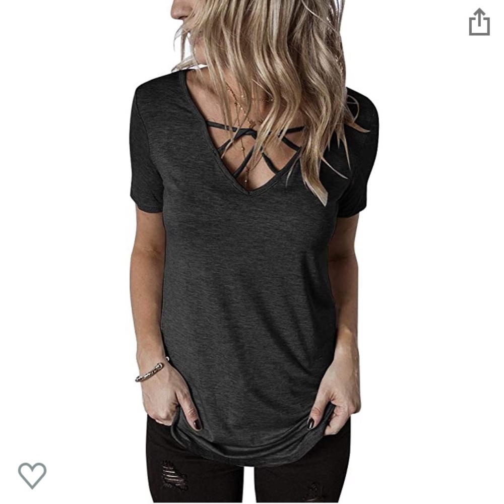 Womens Short Sleeve V Neck Criss Cross Casual Tee